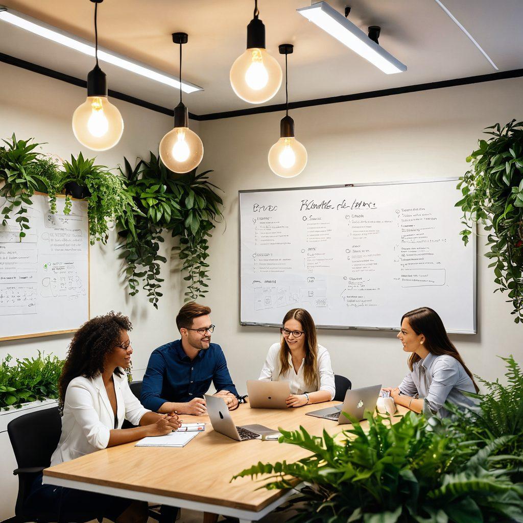 A serene, modern office environment filled with plants symbolizing growth, featuring a diverse group of professionals engaging in a brainstorming session surrounded by lightbulbs representing innovative ideas. The background includes a whiteboard with strategic plans and uplifting quotes on success. Include a warm, inviting color palette to evoke feelings of happiness and positivity. super-realistic. vibrant colors. soft focus.