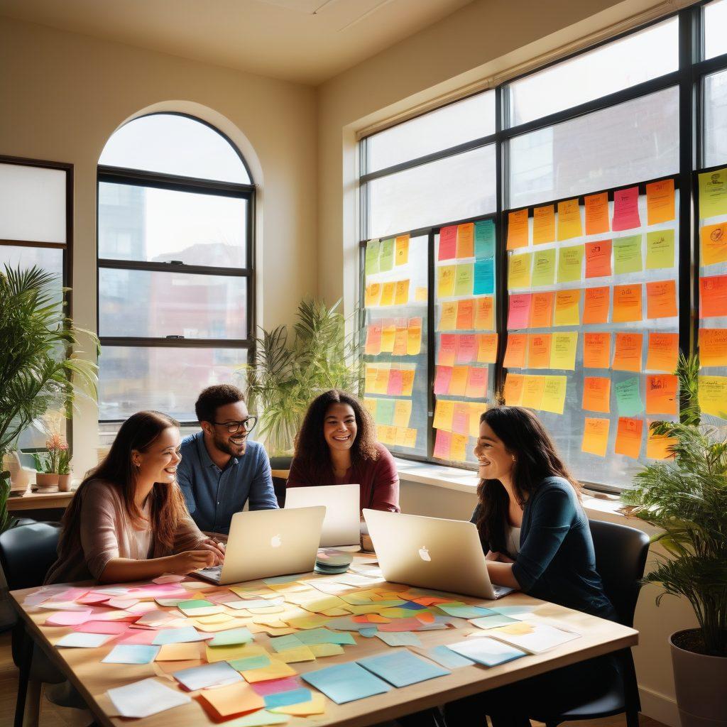 A vibrant scene depicting a diverse group of entrepreneurs joyfully collaborating in a modern workspace filled with colorful post-it notes, plants, and motivational quotes on walls. Sunlight streams through large windows, illuminating their happy faces as they brainstorm ideas. Elements of success, like charts and laptops, subtly hint at achievement. The atmosphere should radiate positivity, creativity, and teamwork. super-realistic. vibrant colors. bright and airy.
