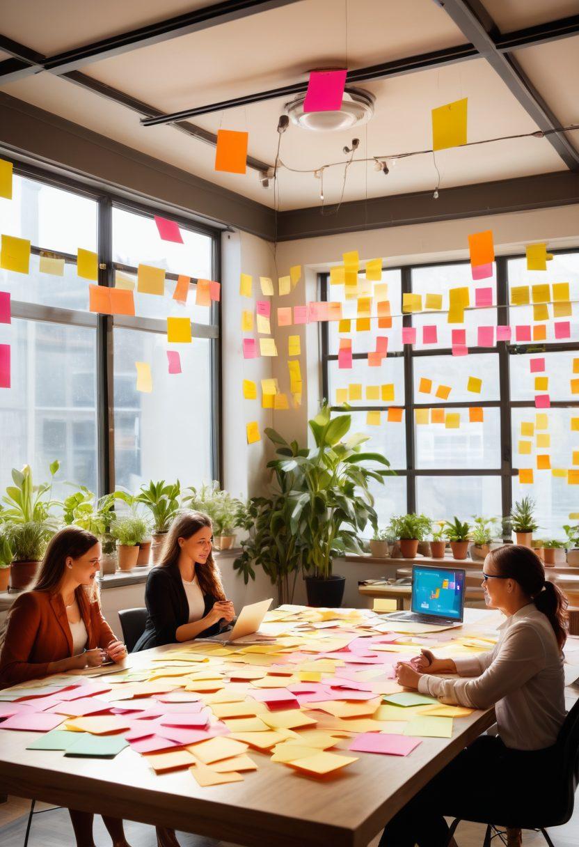 A vibrant workspace filled with diverse entrepreneurs brainstorming around a large table, surrounded by colorful sticky notes and innovation charts. The scene is infused with joy, showcasing light bulb ideas floating above their heads, symbolizing innovation. Sunlight streams through large windows, illuminating a plant-filled environment that conveys growth and creativity. super-realistic. vibrant colors. modern design.